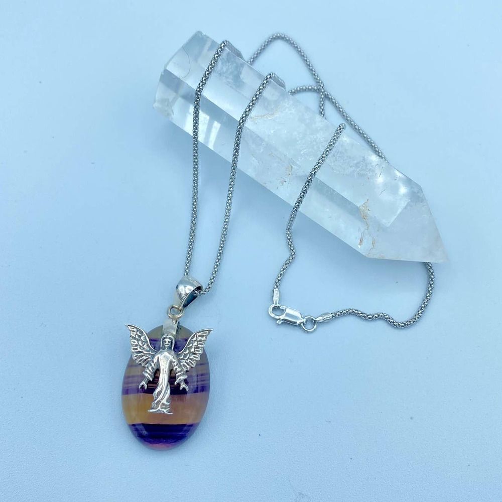 Angel & Rainbow Fluorite Sterling Silver Necklace Popcorn Chain